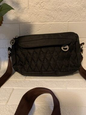 Longchamp Black Quilted Crossbody with Brown Strap